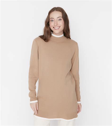 Buy Trendyol Solid Mock Neck Sweater In Beige 6thstreet Saudi Arabia