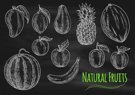 Premium Vector Natural Fruits Chalk Sketch On Blackboard