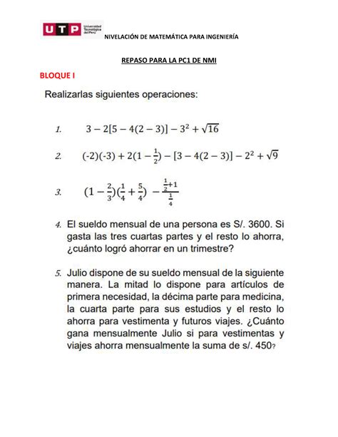 Repaso Para La Pc Nivelacin De Matemtica Para Ingenier A