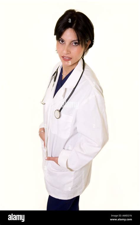 Female Brunette Attractive Doctor Wearing White Lab Coat With A