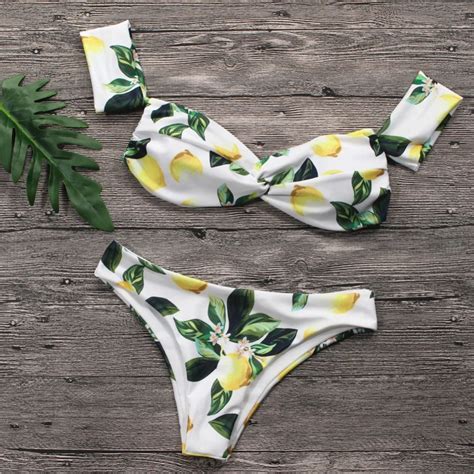 Women Off Shoulder Swimwear Bikini Set 2018 Summer Swimsuit Lemon Print