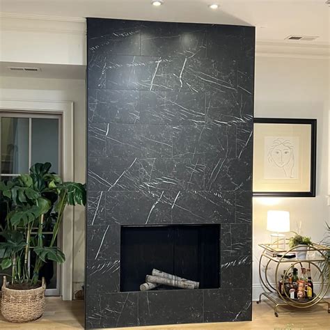 Black Marble Tile Fireplace