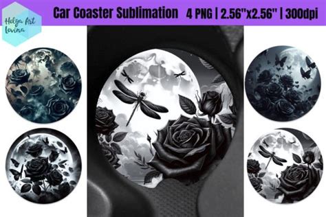 Black Flowers Car Coaster Sublimation Graphic By Helga Art Levina