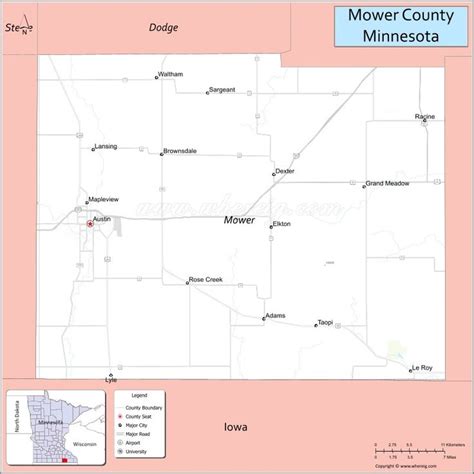 a map of minnesota showing the location of mower county and its surrounding towns in red