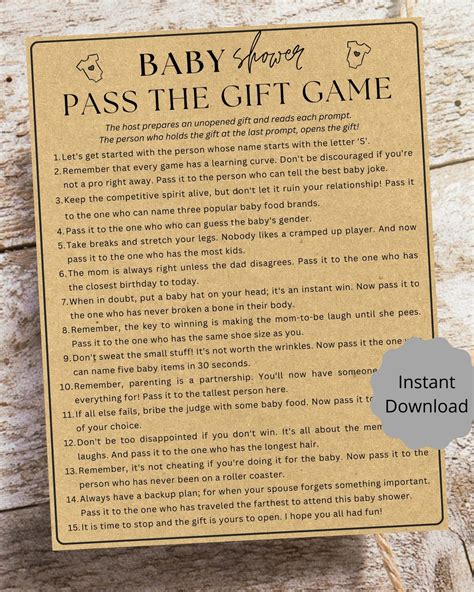 Baby Shower Pass The Gift Game Printable Game Kraft Rustic Baby Shower