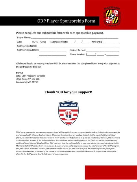 Fillable Online Odp Player Sponsorship Form Fax Email Print Pdffiller