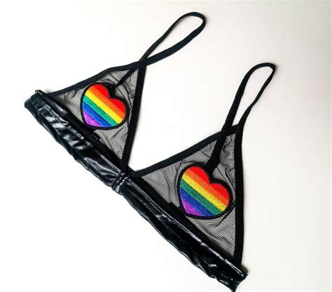 Black Triangle Bralette Rainbow Heart Embroidery Festival Lgbt Etsy