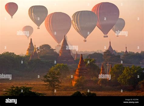 Hot Air Balloons At Sunrise Over Ancient Temples In Bagan Myanmar Stock Photo Alamy