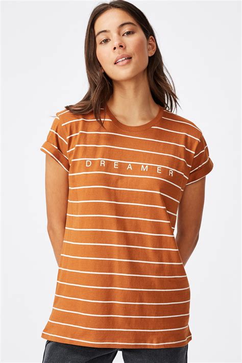 Classic Slogan T Shirt Dreamer Glazed Ginger Gardenia Stripe Cotton