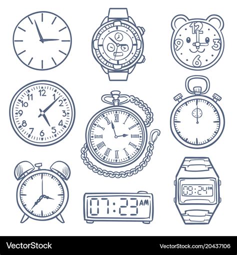 Doodle Uhren Icons Hand Gezeichnete Zeit Vektorbild