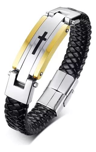 Brazalete cruzado de piel auténtica de acero para hombre 001 de