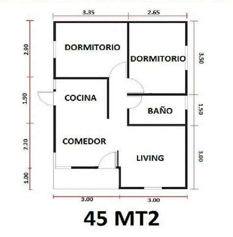 Plano De Casa Con Medidas De 1 Piso 2 Dormitorios 45 M2 Croquis