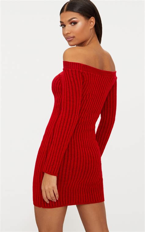 Red Knit Bardot Mini Jumper Dress Knitwear Prettylittlething Usa