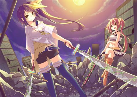 2girls Amane Kurumi Boots Brown Eyes Brown Hair Green Eyes Gun Necklace