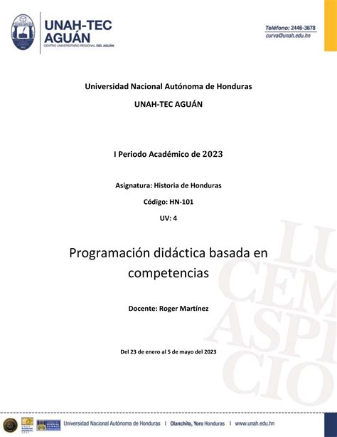 Planificación Didáctica De La Clase Universidad Nacional Autónoma De Honduras Unah Tec AguÁn I