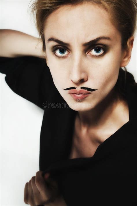 Beautiful Young Woman With Painted Mustache Stock Photo Image Of