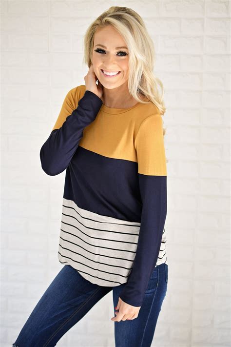 Long Sleeve Colorblock Top Mustard And Navy The Pulse Boutique