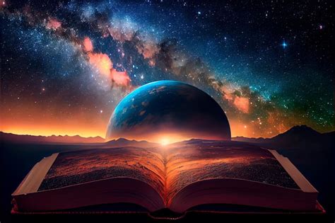 밤하늘 아래 지구에 펼쳐진 책 마법의 광채 | 프리미엄 사진