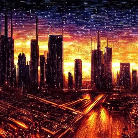 Cyberpunk Dystopian City During A Sunset In The Style Stable