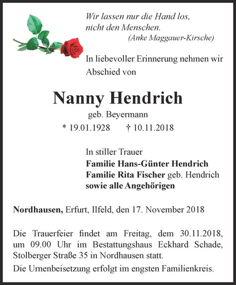 Traueranzeigen Von Nanny Hendrich Trauer In Thueringen De