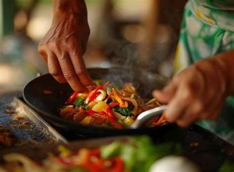 Premium Photo A Female Chef Fries Colorful Vegetables In A Frying Pan