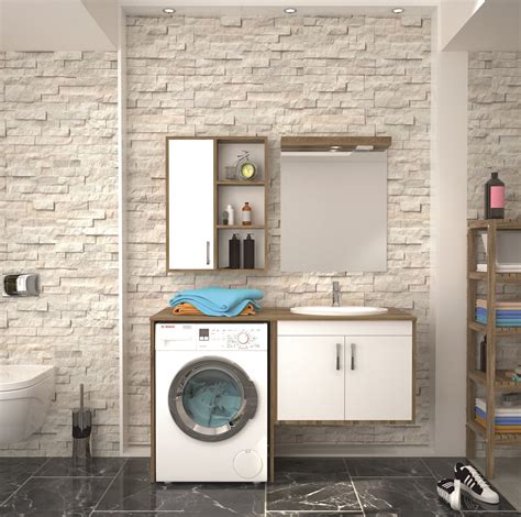 Denko Omega 140 Cm Mdf Banyo Çamaşır Makinesi Dolabı Takımı