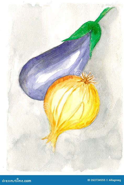 Still Life Of Vegetables In Watercolor Eggplant And Onion Stock Image