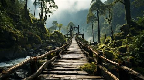 Premium AI Image Suspension Bridge In The Forest Closeup View