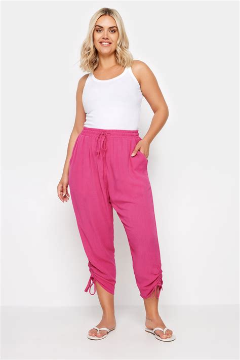 Yours Plus Size Pink Crinkle Ruched Cropped Trousers Yours Clothing