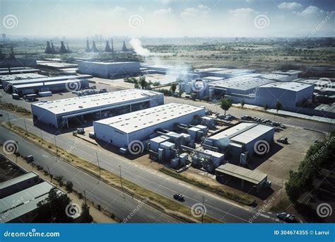 Aerial View Of Industrial Buildings Road And Distant Power Plants