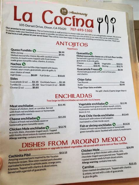 Online Menu Of La Cocina Mexicana Restaurant Restaurant Dixon