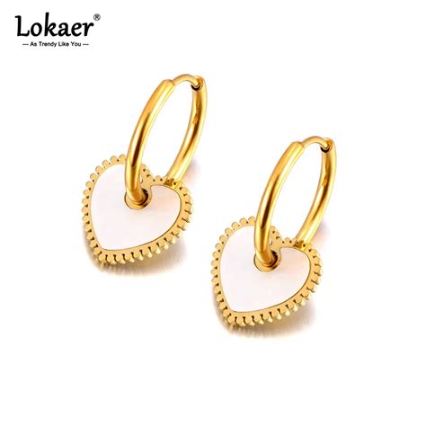 Lokaer Romantic Stainless Steel Shell Heart Charm Hoop Earrings For