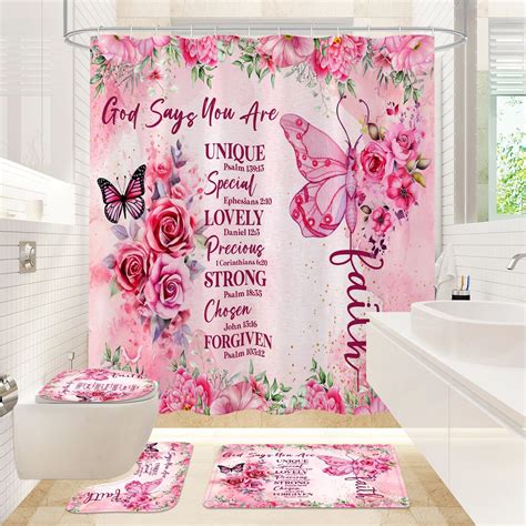 Flower Butterfly Decor Shower Curtain Pink Rose Romance