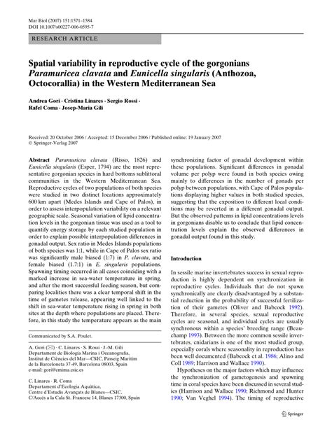 PDF Spatial Variability In Reproductive Cycle Of The Gorgonians