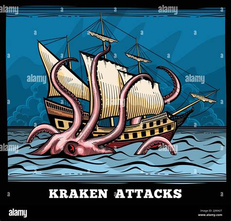 Sailing Vessel And Kraken Monster Octopus Vector Logo In Cartoon Style