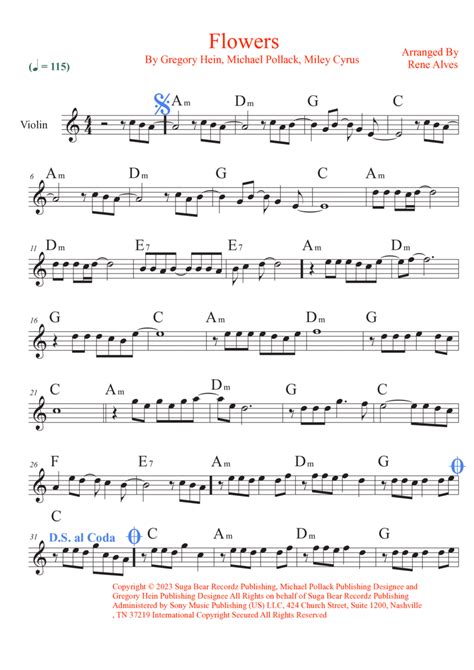 Flowers By Miley Cyrus Violin Solo Digital Sheet Music Sheet Music Plus