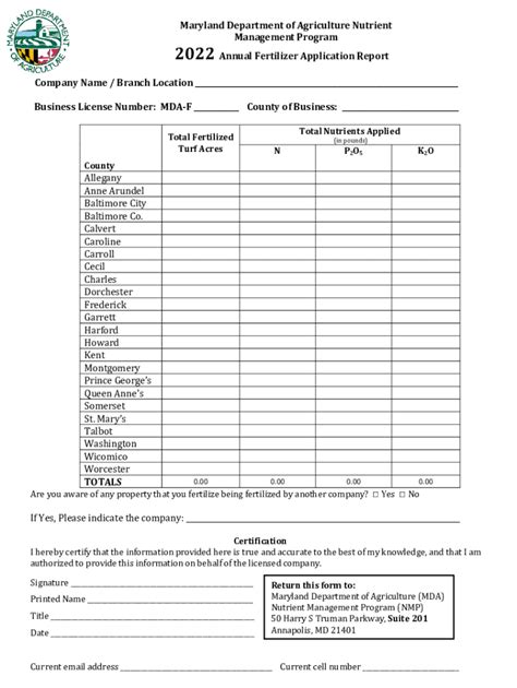 Fillable Online Mda Maryland 2022 Annual Fertilizer Application