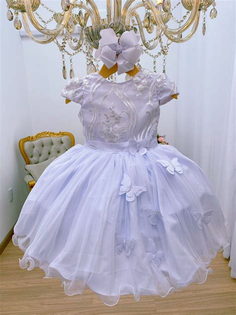 Vestido Infantil Branco Renda Aplique Borboletas Dama Rosa Charmosa