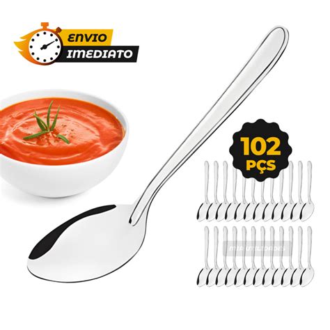 Kit Jogo 102 Peças Colher de Mesa Para Jantar Sopa em Aço Inox Para