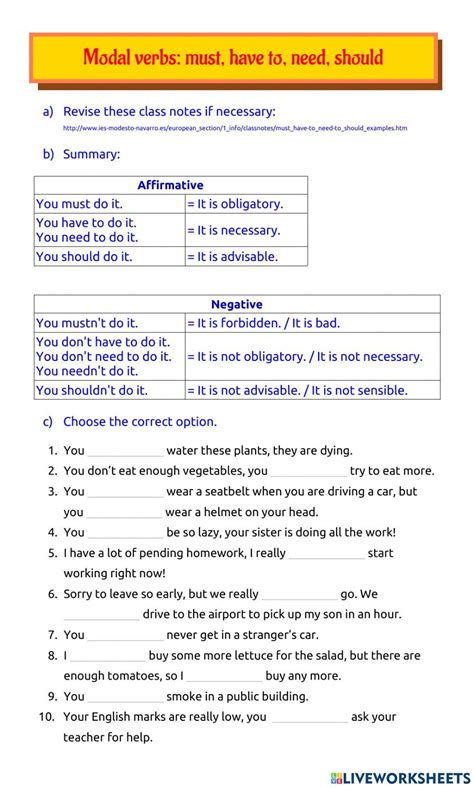 Modal Verbs Must Have To Need Should Worksheet English Worksheets