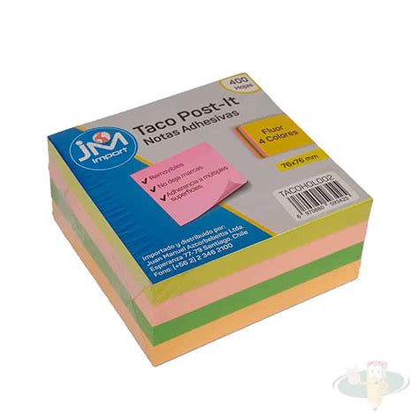 Notas Adhesivas 76x76mm 400 Hojas 4 Colores Flúor Jm Libreria 1000 Utiles