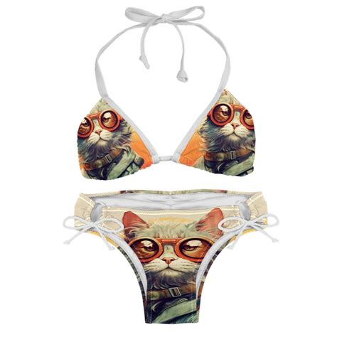 Retro Cat Detachable Sponge Adjustable Strap Bikini Set Two Pack Swimsuits For All Occasions