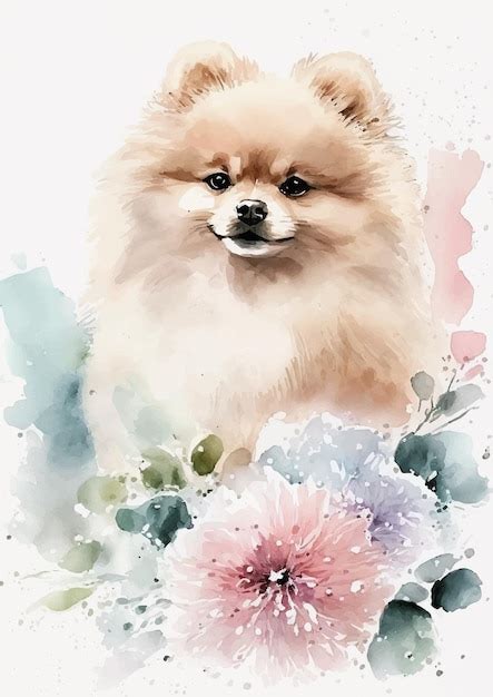 Perro pomerania acuarela con diseño de bambú Vector Premium