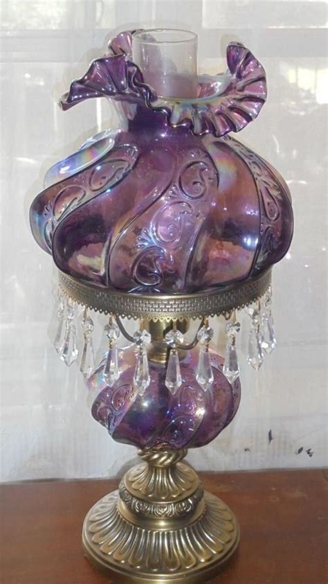 Stunning Vintage Fenton Amethyst Glass Lamp With Crystals Prism And Brass