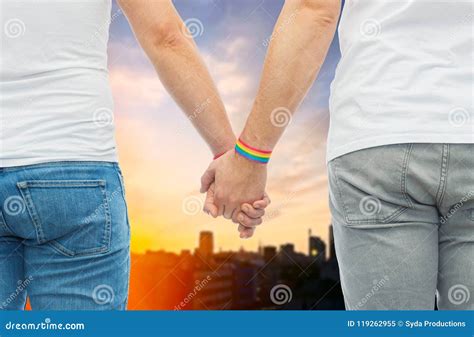 Male Couple With Gay Pride Rainbow Wristbands Stock Image Image Of