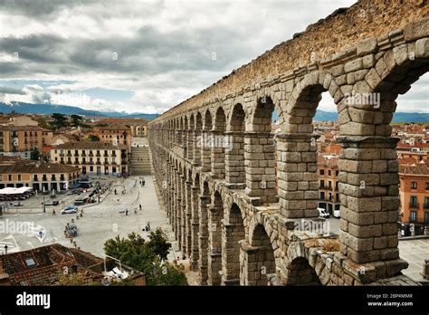 Ancient Roman Aqueduct Closeup View In Segovia Stock Photo Alamy