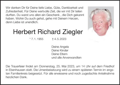 Herbert Richard Ziegler Traueranzeige Trauer InFranken De