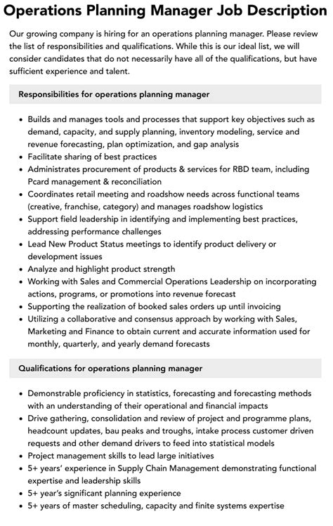 Operations Planning Manager Job Description Velvet Jobs