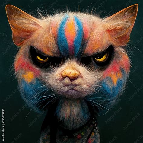 Cartoon face of a cute funky angry cat 3D illustration for children in ...