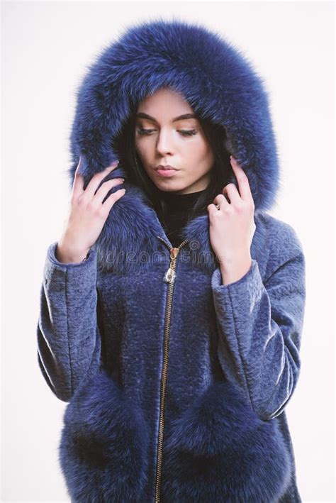 Woman Wear Hood With Fur Fashion Concept Girl Elegant Lady Wear